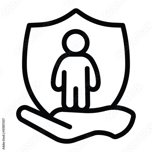 Child care and safety emblem line icon, family lawyer concept. Vector graphics. Hand with child on shield, human rights sign on white background, style for mobile or design.