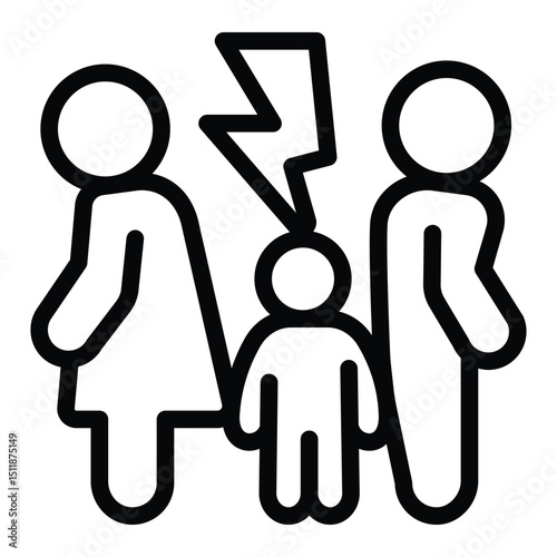 Couple problem with lightning line icon, family lawyer concept. Vector graphics. Man with woman and child trust problem sign on white background, style for mobile or design.