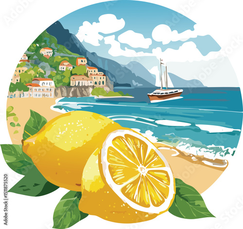 Summer lemon beach in Italy. Amalfi, Italian sea coast hand drawn icons. Coastal watercolor bg. Summer sea vacation. Vintage boat, mediterranean coast, lemon cocktail.doodle, glasses, italian, 