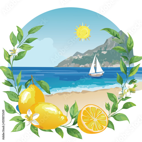 Summer lemon beach in Italy. Amalfi, Italian sea coast hand drawn icons. Coastal watercolor bg. Summer sea vacation. Vintage boat, mediterranean coast, lemon cocktail.doodle, glasses, italian, 