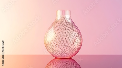 A digital render of a minimalist wireframe vase made with rose gold outlines, floating above a glass table, reflected on the glossy surface below with soft ambient pink and peach lighting.