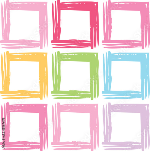 Frame box shape with brush crayon texture. Square shape for text. Pink color vector background. Paint border, cute hand drawn paper design. border, brush, chalk, children, grunge,. Brush frame box bg.