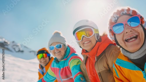 A group of people enjoying a ski trip on a sunny day. The snowy mountain backdrop enhances the scene, where they share laughter and camaraderie, dressed in bright ski gear.