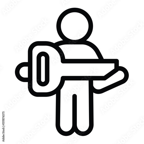 Man with big key line icon, design recruitment concept. Vector graphics. Key with famous person, human recourse sign on white background, style mobile or design.