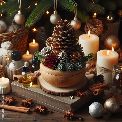  Christmas home aromatherapy. Aroma diffuser with pine extract, organic essential oil, cedar and spruce cone, cinnamon, anise, vanilla scent, candles, wooden table. Cozy atmosphere, winter inspiration