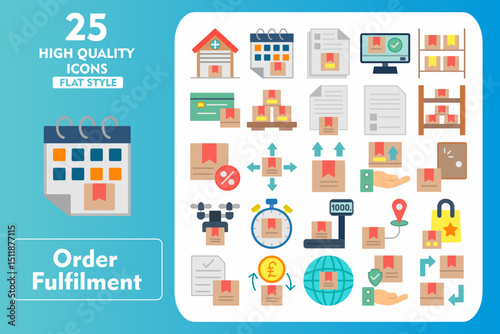 Order Fulfilment Flat Icon Set. Incleded Icons Warehouse, Calendar, Form, Online Order, Inventory, Credit Card, Pallet, Paper, Document. Vector Icons Collection