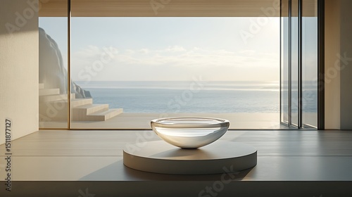 A levitating vase design showcased in a high-end interior, suspended subtly by a clear stand hidden beneath shadows, casting a faint soft shadow on a matte ceramic table.