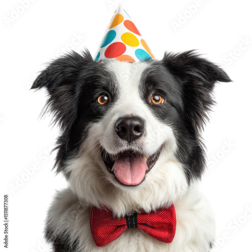 Happy Border Collie wearing colorful birthday party hat and red bow tie, exuding joy and celebration. This playful dog is ready for fun birthday party