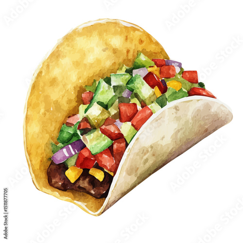 watercolor vector of Taco, high quality, isolated on a white background.