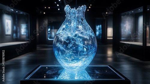 A surreal glass vase shaped like a frozen splash of water, translucent with blue highlights, glowing slightly under gallery lights on a mirrored platform in a dark exhibition room.