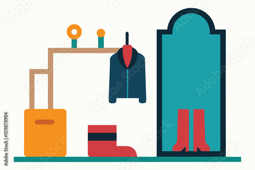 Entryway with shoe rack mirror and coat hooks in organized layout vector art illustration