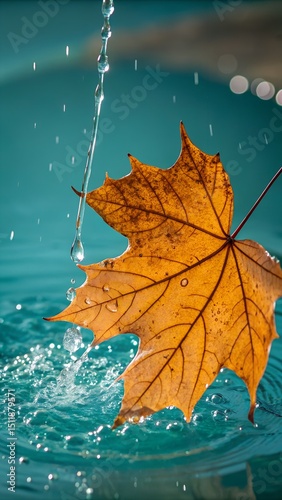A Delicate Autumn Leaf with Rich Amber Edges Hovering in Crystal Clear Water