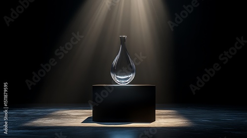 An ultra-minimalist concept of a floating glass vase with no visible support, hovering above a black polished cube pedestal, dramatic spotlight above creating reflections and rim lighting.
