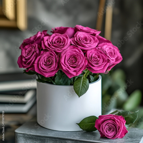 a luxurious round white flower box with satin ribbon handles on both sides, pink roses. One pink rose lies beside the box, with a green rose stem and leaves extending diagonally across the table. 