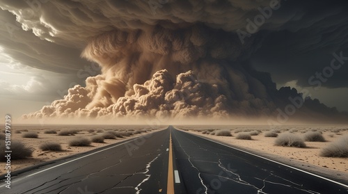 Hyperrealistic Desert Landscape: Vast Highway Leading to a Massive Dust Storm