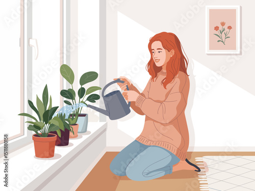 Woman Watering Plants on Windowsill A Modern Flat Illustration