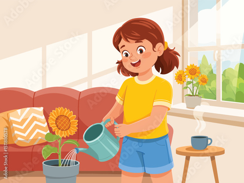 Happy Girl Watering Sunflower Plant in Cozy Living Room A Modern Flat Illustration