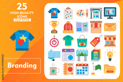 Branding Flat Icon Set. Incleded Icons T Shirt, Strategy, Color Palette, Plotter, Advertise, Trophy, Beanie, Magazine, Box, Envelope. Vector Icons Collection