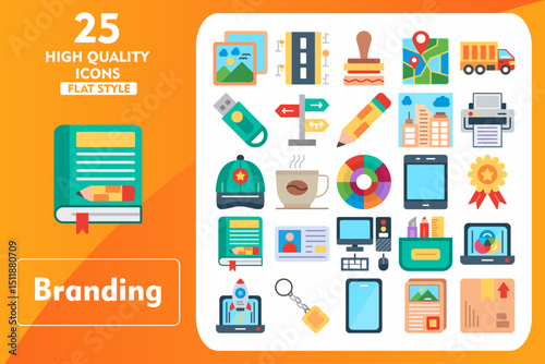 Branding Flat Icon Set. Incleded Icons Photos, Coffee Cup, Stationery, Cmyk, Start Up, Key Chain, Smartphone, Poster, Package, Road, Stamp. Vector Icons Collection