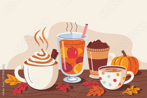 Autumnal Warm Drinks Cozy Fall Beverages Illustration
