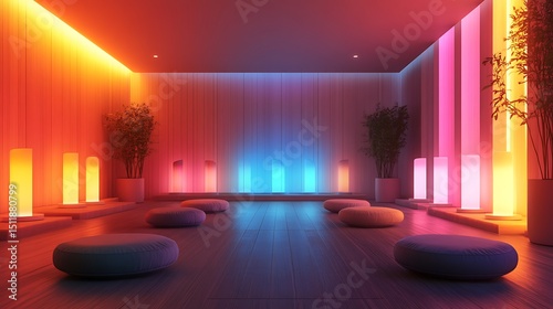 A futuristic spa lounge, multiple smart aroma diffuser lamps placed across the room, each synced via app to emit different calming scents, ambient lighting shifting with mood settings.
