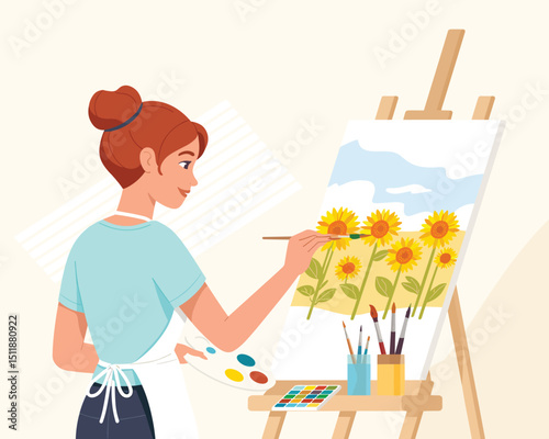 a young women paint using easel, canvas, brushes and watercolor,  flat vector illustration