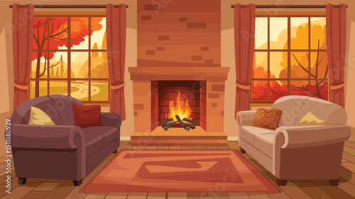cozy living room interior with a fireplace and two sofa, window autumn view, flat vector illustration 