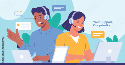 female and male customer service operators wearing headsets talking with clients and helping solve problems, vector 