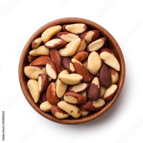 Brazil nuts in bowl, top view on white background
