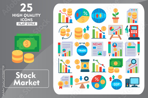 Stock Market Flat Icon Set. Incleded Icons Financial Profit, Trade, Money, Market Research, Bond, Leverage, Dividends, Gdp, Desktop Computer. Vector Icons Collection