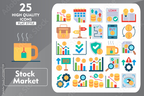 Stock Market Flat Icon Set. Incleded Icons Trading, Calendar, Funds, Loan, Knowledge, Briefcase, Sign Post, Planning, Buy, Exchange. Vector Icons Collection