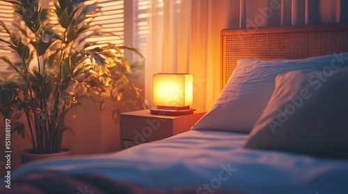 A serene bedroom at dawn, AI Mood Clock glowing softly on the nightstand, syncing with REM sleep cycle, casting a warm ambient glow that gently fills the room.