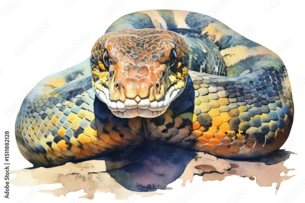 Fototapeta premium Anaconda watercolor reptile animal snake.