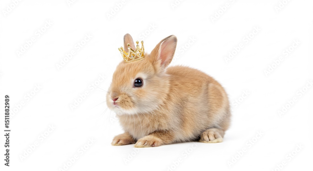 Fototapeta premium Adorable bunny rabbit wears tiny golden crown against bright white background. AI Generated