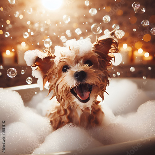 Playful puppy enjoying a bubbly bath moment