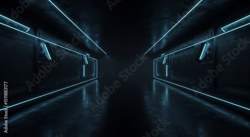 Dark futuristic corridor glows subtly with cyan neon light reflecting intensely on sleek floors. AI Generated