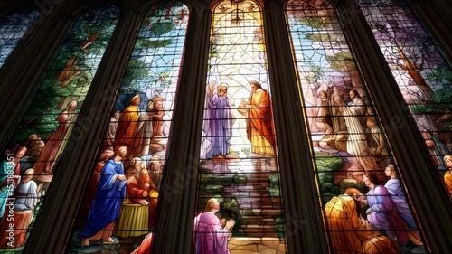 Detailed stained glass window depicting religious scenes and figures in vibrant colors and antique style, viewed from a low angle.