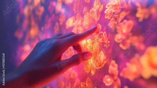 Close-up of a hand touching bioluminescent painted wall, colors transitioning based on warmth and air quality, microscopic plant patterns visible, glowing softly in dim indoor light.