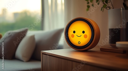 Conceptual close-up of AI Mood Clock displaying both time and subtle facial expression icon to represent mood analysis, blending art and tech in home decor style.