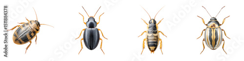 Realistic illustrated bugs showcasing diverse colors and detailing, ideal for nature studies, educational purposes, entomology research, and artistic projects. photo