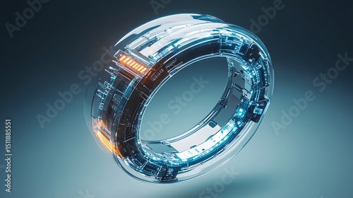 Product render of the Neuro-Assist Ring hovering in mid-air, exploded view showing pulse mechanism, brainwave sensors, and AI chip inside, minimal background with gradient glow.