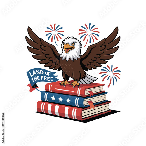 Bald American eagle with USA flag, a symbolic wildlife illustration featuring a flying bird with outstretched wings and a fierce head mascot design