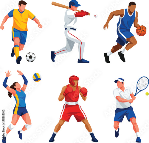 Diverse athletes in action representing popular sports with minimalist illustrated style