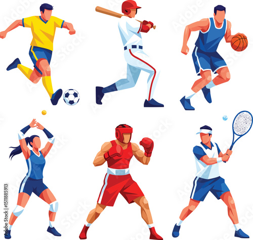 Vector illustration of athletes playing various sports in a modern flat geometric style