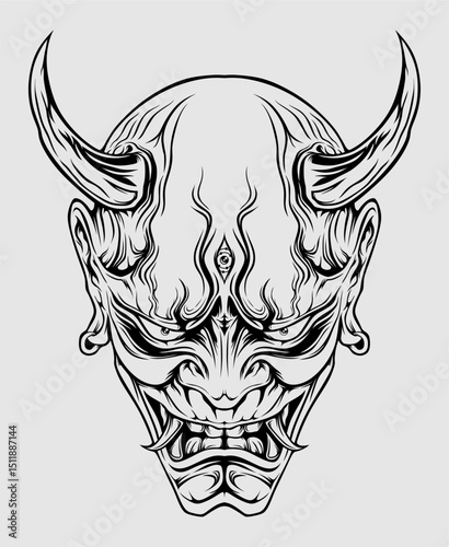 japanese oni mask illustration in black and white style