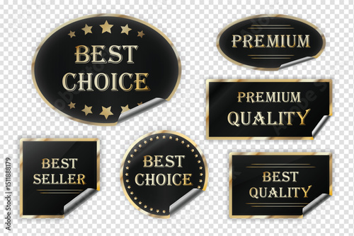 Black and golden Best Choice, Premium, Best Seller, Best Quality and Premium Quality labels (stickers) with gold stars and wrinkled edges, vector (EPS) illustration, adhesive labels set