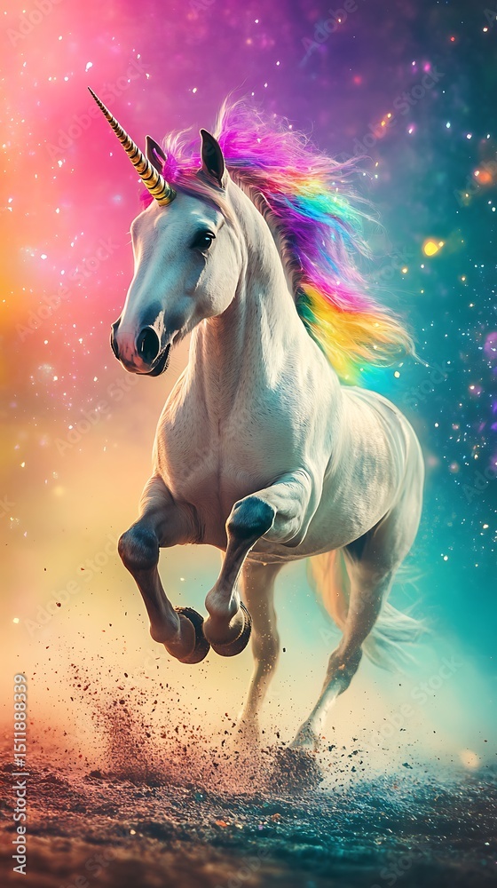 Naklejka premium Running Unicorn with Rainbow Mane on Fantasy Landscape