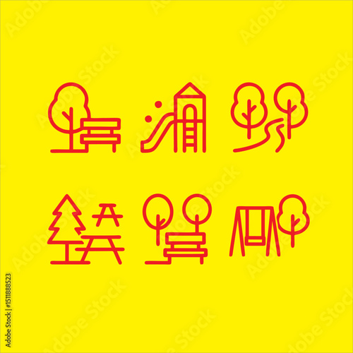 Simple Line Art Playground Outdoor Activity and Recreation Park Icon Set