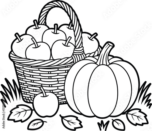 Fall harvest basket with apples and pumpkin outline for coloring book