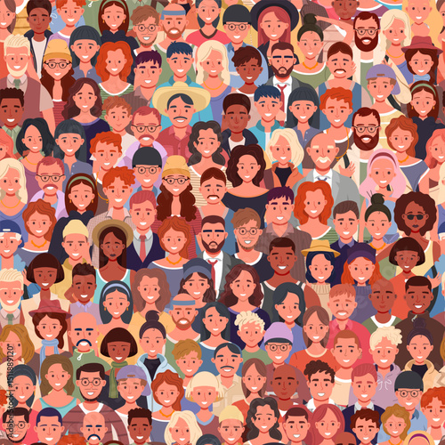 Large crowd of multiethnic people seamless pattern. Includes kids, teenagers, adults, and elderly. Group of men and women of different ages. Vector illustration design.
